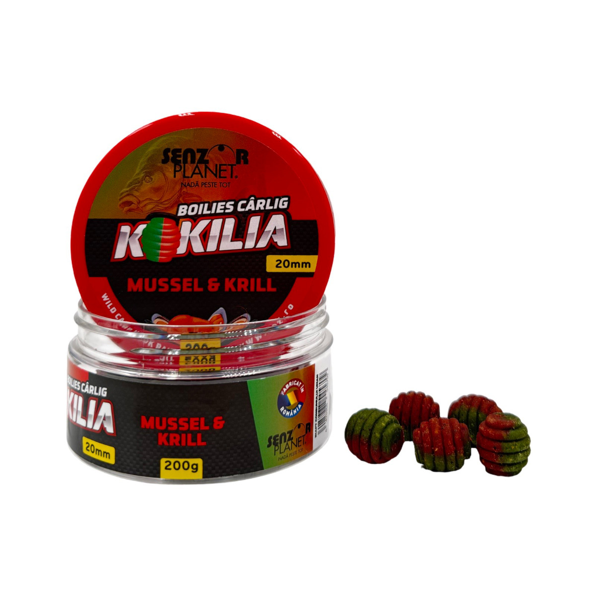 BOILIES&#x20;KOKILIA&#x20;PENTRU&#x20;CARLIG&#x20;MUSSEL&#x20;&amp;&#x20;KRILL&#x20;&#x28;VERDE-ROSU&#x29;&#x20;20mm&#x20;200g